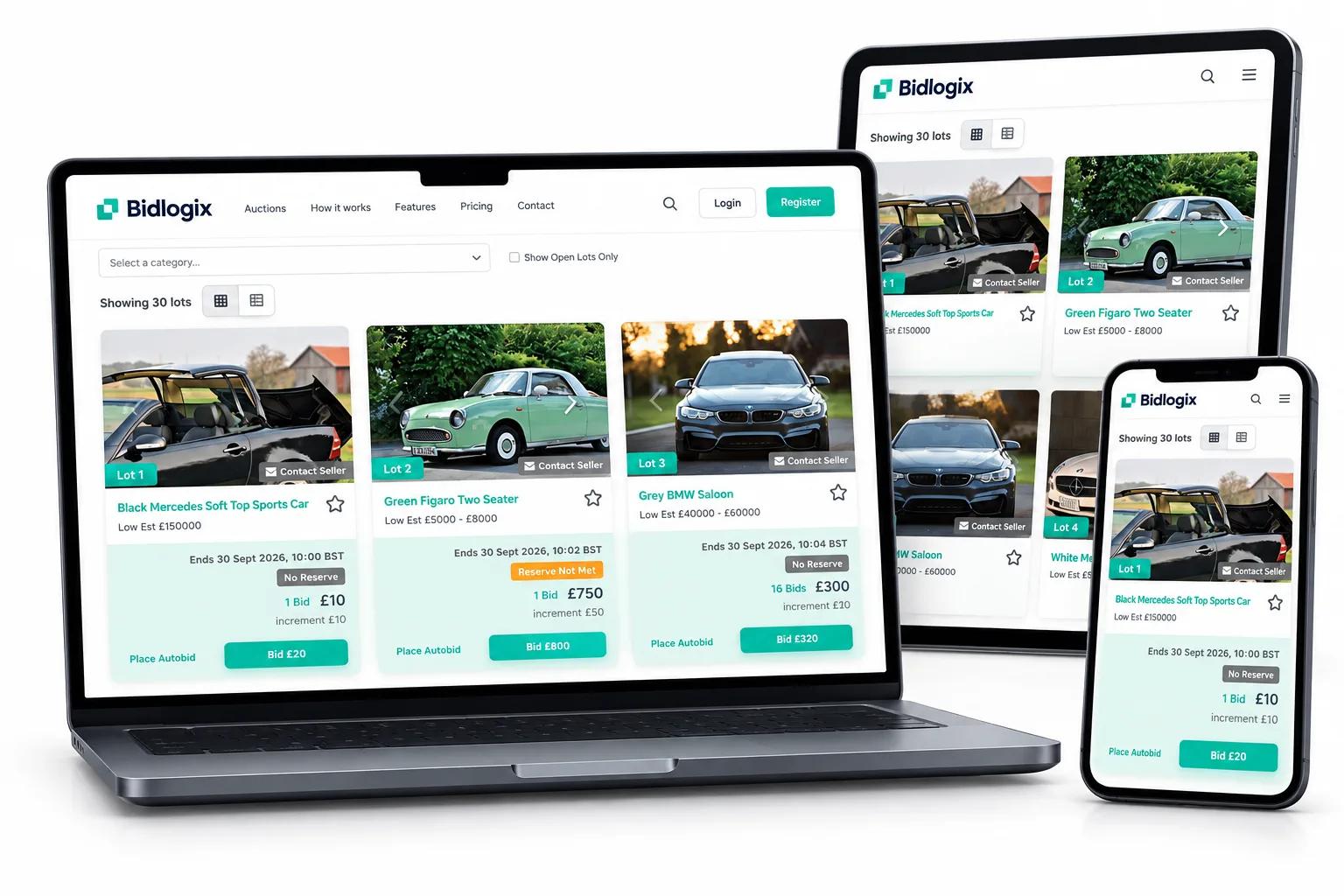 BidJS auction listings shown across laptop, tablet, and mobile screens