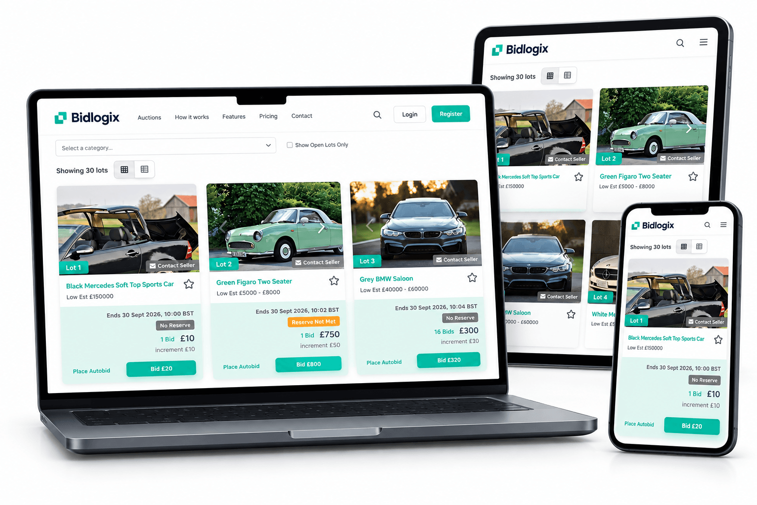 BidJS auction listings shown across laptop, tablet, and mobile screens